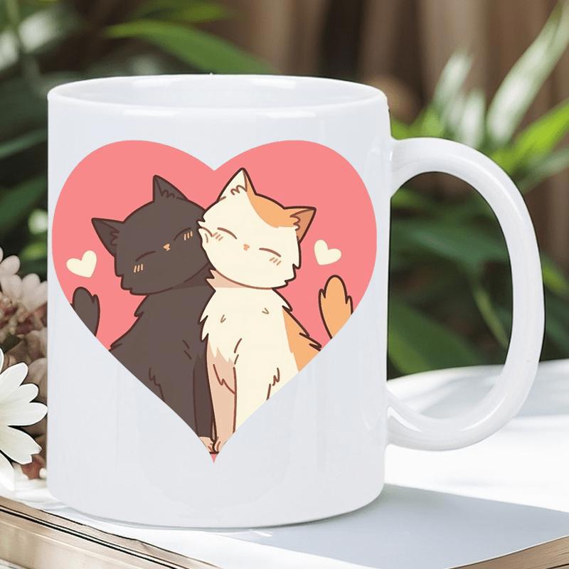 Tailorly White Ceramic 11 oz Mug - Adorable Pair Of Felines Cuddling Inside A Large Pink Heart Kittens