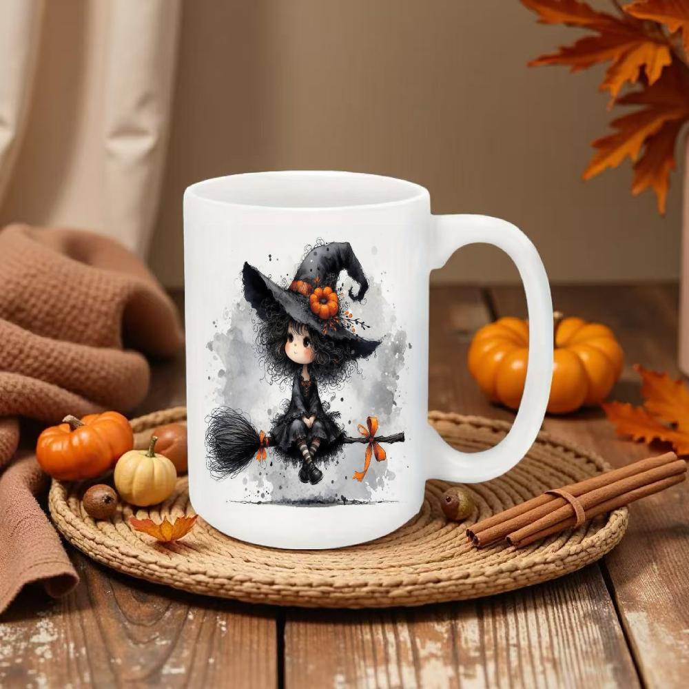 Tailorly White Ceramic 11 oz Mug - Adorable Little Cartoon Halloween Figure Riding On A Flying Magic Broomstick Witch