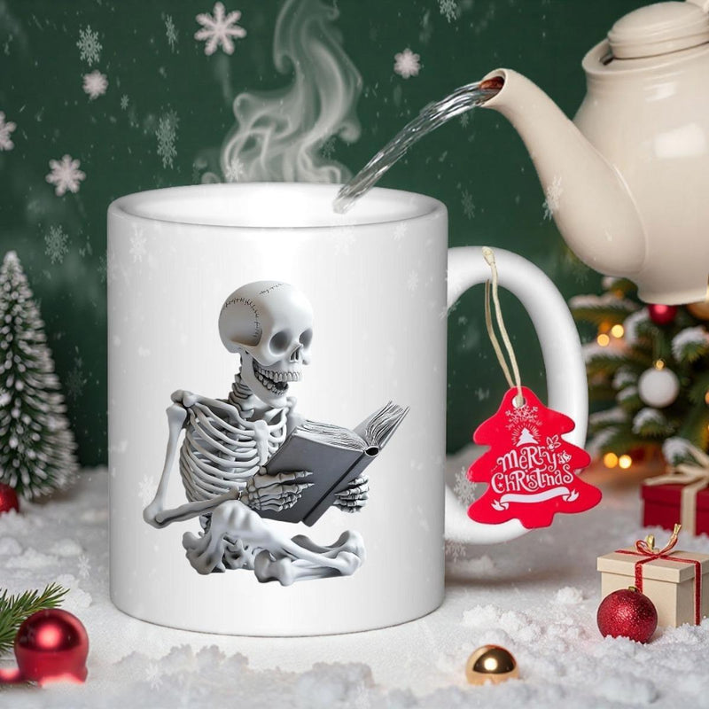 Tailorly White Ceramic 11 oz Mug - Peaceful Realistic Human Skeleton Sitting And Reading A Hardcover Book Skeleton