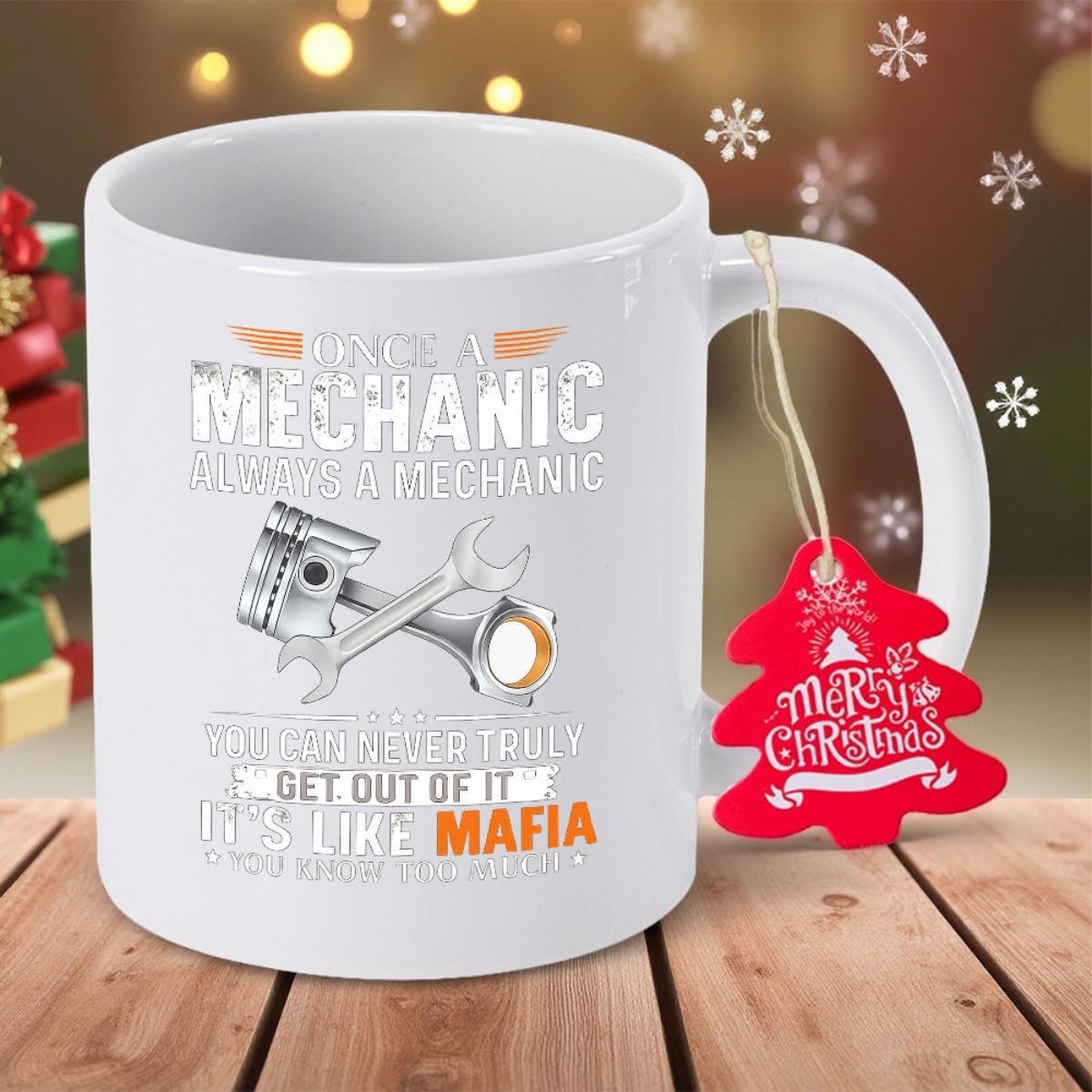 Tailorly White Ceramic 11 oz Mug - Mechanic Mafia Industrial Piston Crossed With Metal Wrench Under Symbolic Wings Wrench