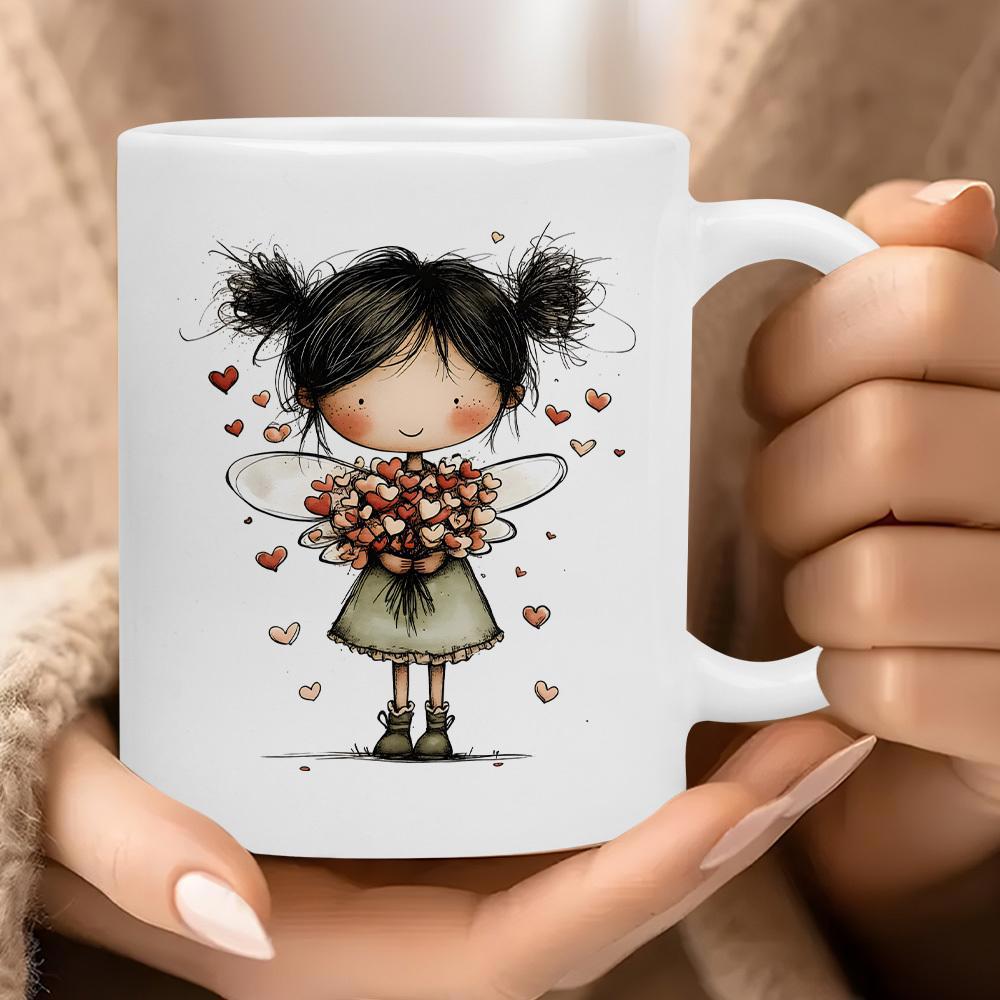Tailorly White Ceramic 11 oz Mug - Whimsical Hand Drawn Little Darling Holding A Large Bouquet Of Hearts Girl