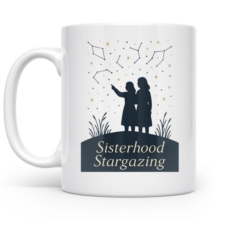 Tailorly White Ceramic 11 oz Mug - Sisterhood Stargazing Two Young Girls Watching Constellations Under A Vast Night Sky Stars Silhouette