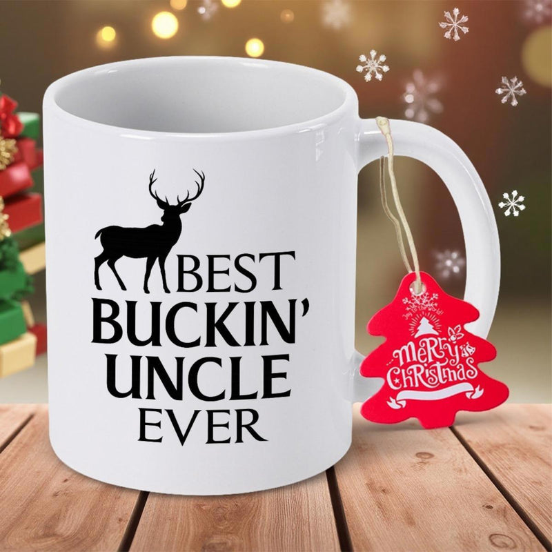 Tailorly White Ceramic 11 oz Mug - Best Buckin Uncle Ever Minimalist Black Silhouette Of A Forest Buck With Large Elegant Antlers Buck