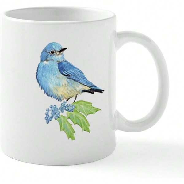 Tailorly White Ceramic 11 oz Mug - Watercolor Blue Bird Resting On Holly Leaves And Blue Berries Bluebird