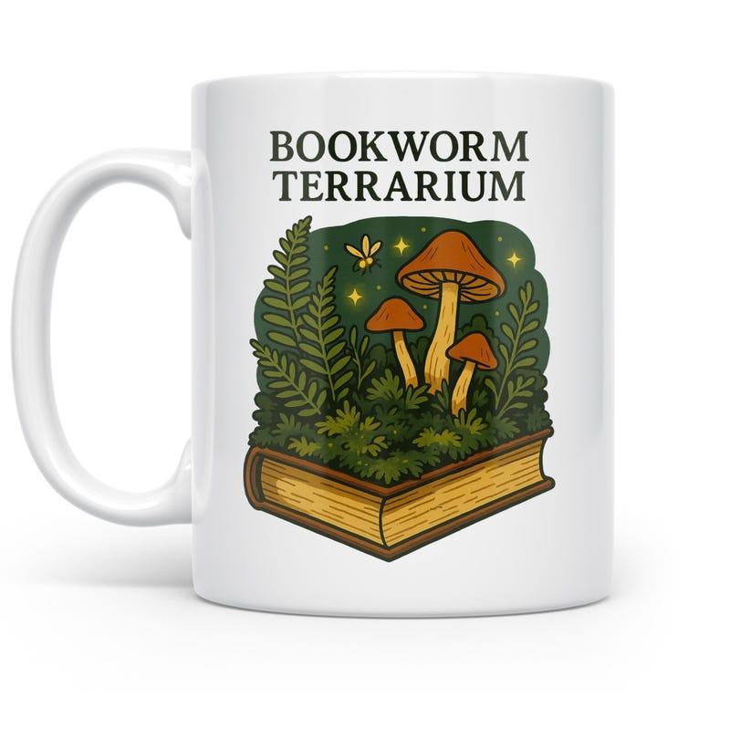 Tailorly White Ceramic 11 oz Mug - Bookworm Terrarium Vintage Open Book With Green Ferns And Growing Mushrooms Book