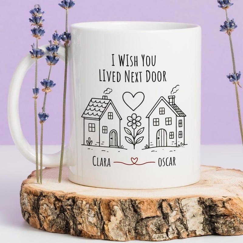 Tailorly White Ceramic 11 oz Mug - I Wish You Lived Next Door Clara Oscar Hand Drawn Charming Cottages Connected By A Delicate Heart Floral Accent House