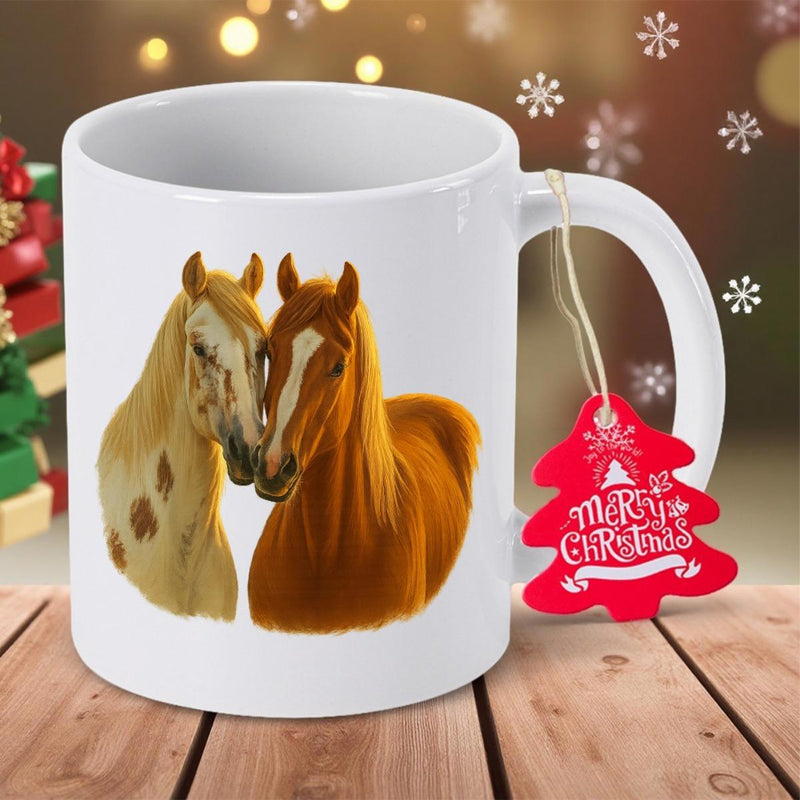 Tailorly White Ceramic 11 oz Mug - Merry Christmas Two Beautiful Realistic Stallions Nuzzling Together In A Warm Peaceful Embracing Horse