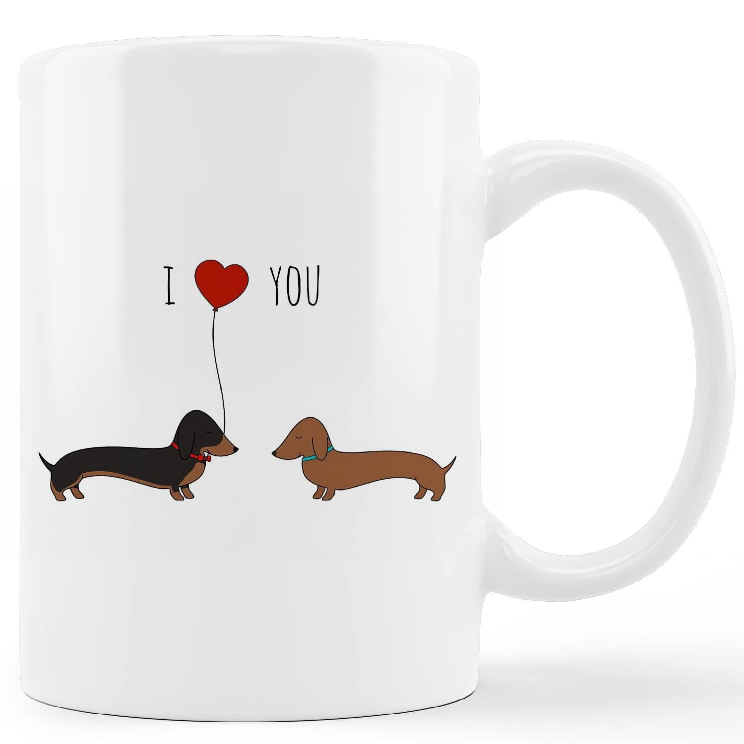 Tailorly White Ceramic 11 oz Mug - I Love You Two Adorable Small Dogs Standing Together Under A Floating Red Heart Dachshund