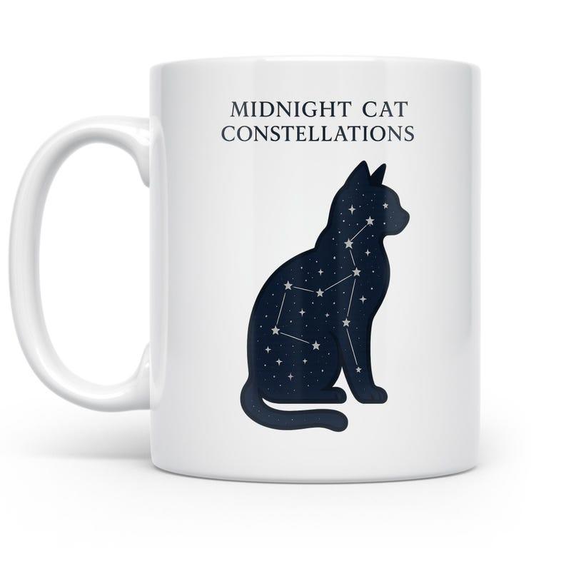 Tailorly White Ceramic 11 oz Mug - Midnight Cat Constellations Black Silhouette Filled With Twinkling Stars And Celestial Constellation Map Cat