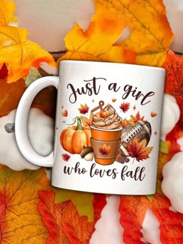 Tailorly White Ceramic 11 oz Mug - Just A Girl Who Loves Fall Cozy Coffee Cup And Football Among Scattered Vibrant Autumn Leaves Pumpkin