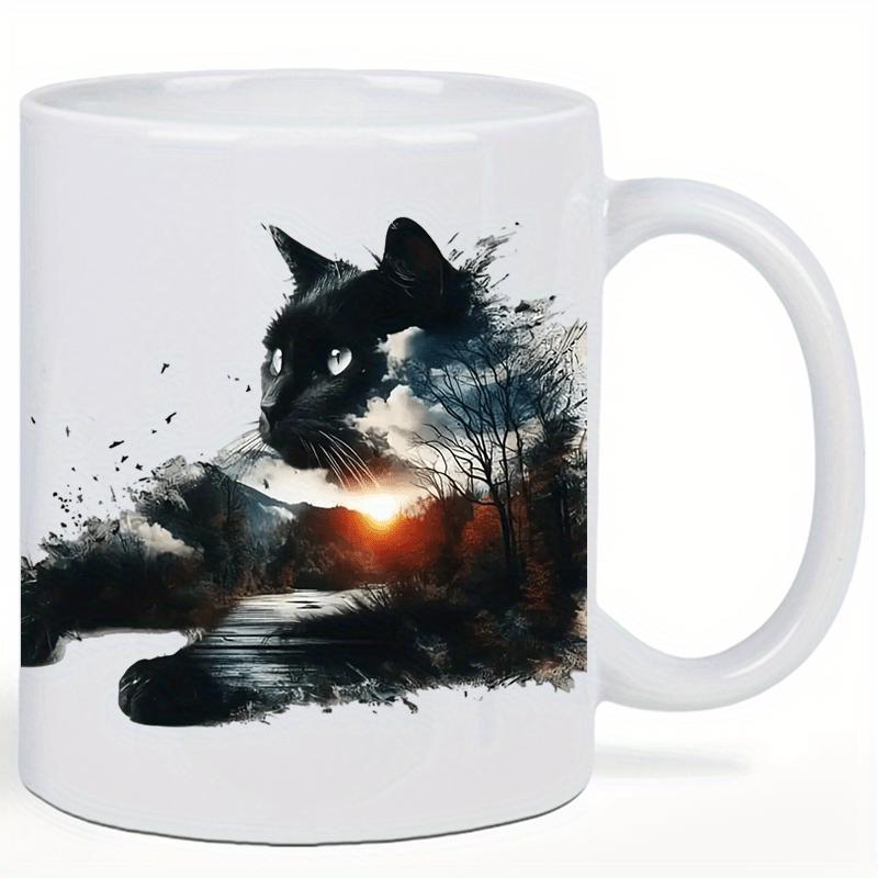 Tailorly White Ceramic 11 oz Mug - Double Exposure Artistic Landscape With Sunset Trees And Mountainous Forest Silhouette Cat