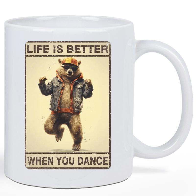 Tailorly White Ceramic 11 oz Mug - Life Is Better When You Dance Hip Hop Stylized Grizzly Wearing Denim Jacket And Cap Dancing Joyfully Bear
