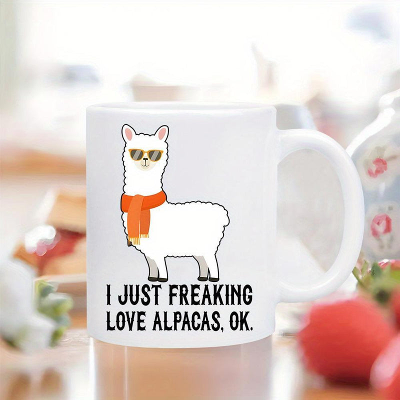 Tailorly White Ceramic 11 oz Mug - I Just Freaking Love Alpacas Ok White Fluffy Animal Wearing Sunglasses And Orange Scarf Alpaca