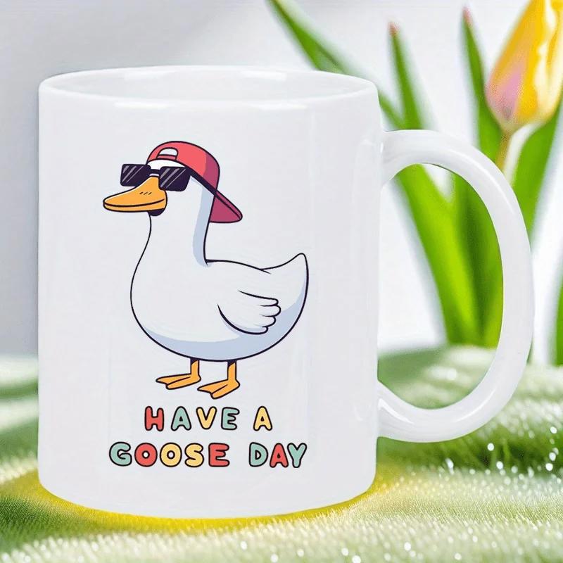 Tailorly White Ceramic 11 oz Mug - Have A Goose Day Cool Cartoon White Bird Wearing Sunglasses And Red Cap Goose