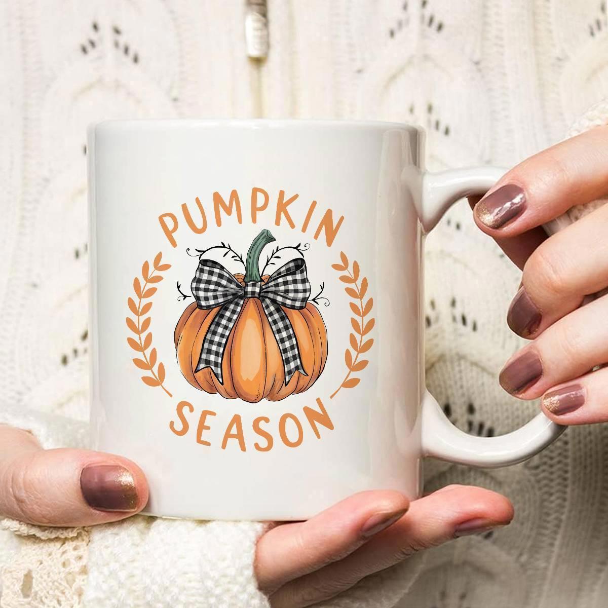 Tailorly White Ceramic 11 oz Mug - Pumpkin Season Vibrant Orange Harvest Gourd Adorned With Plaid Gingham Ribbon Bow Pumpkin