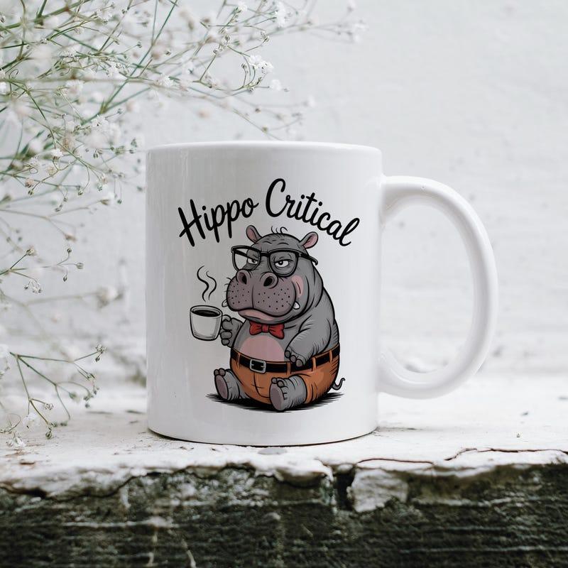 Tailorly White Ceramic 11 oz Mug - Hippo Critical Funny Cartoon Hippopotamus Wearing Glasses And Holding Steaming Coffee Cup Sitting Hippo