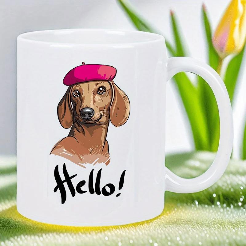 Tailorly White Ceramic 11 oz Mug - Hello Adorable Brown Dog Wearing A Pink Beret In Artistic Handdrawn Style Dachshund