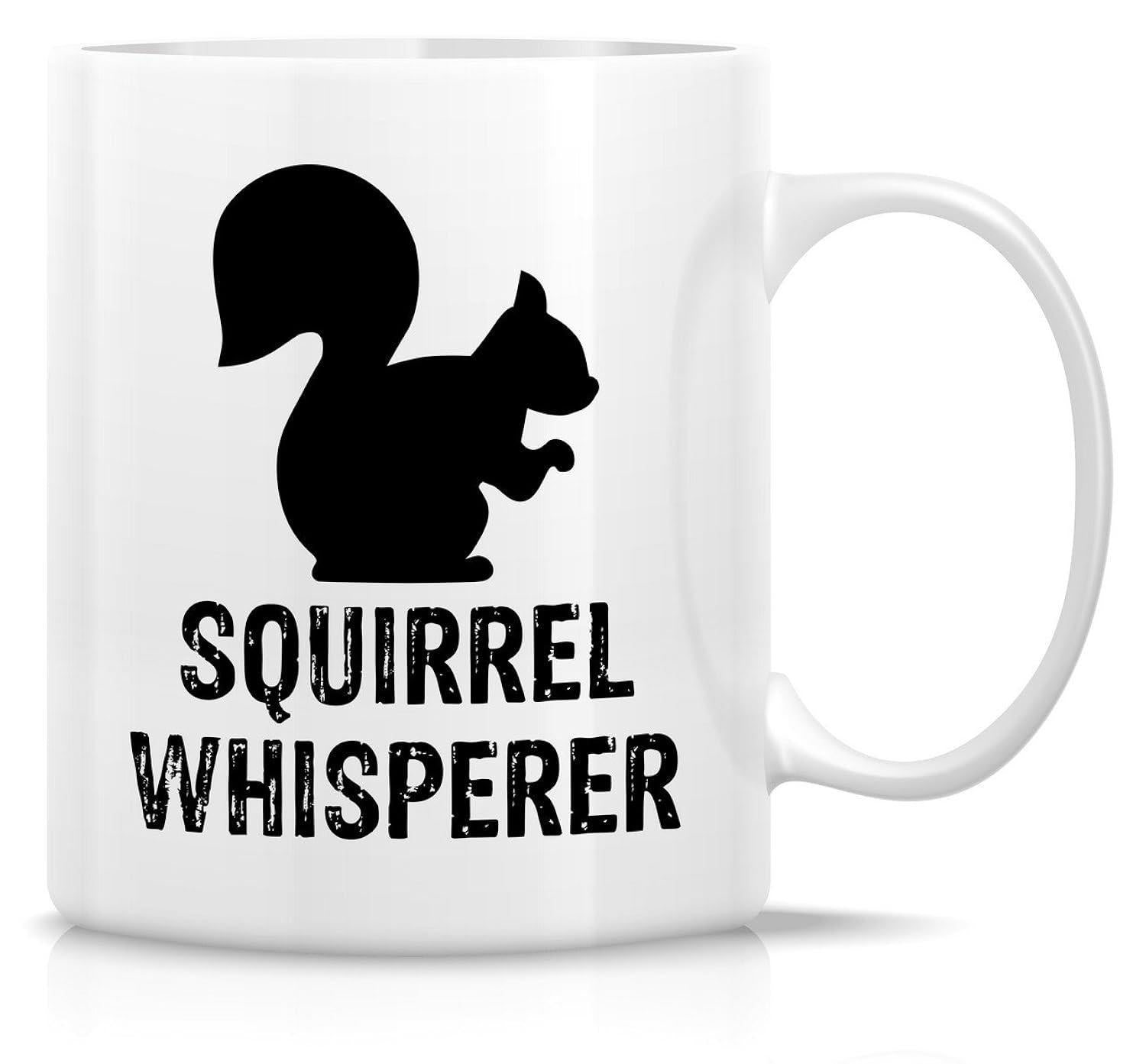 Tailorly White Ceramic 11 oz Mug - Squirrel Whisperer Solid Black Silhouette Standing On Minimalist White Background Squirrel