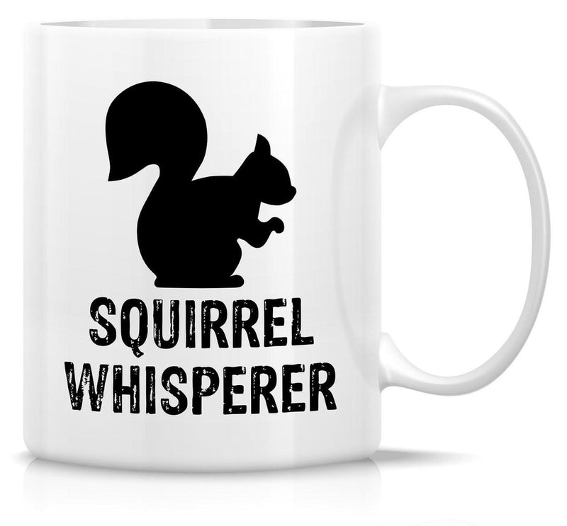 Tailorly White Ceramic 11 oz Mug - Squirrel Whisperer Solid Black Silhouette Standing On Minimalist White Background Squirrel