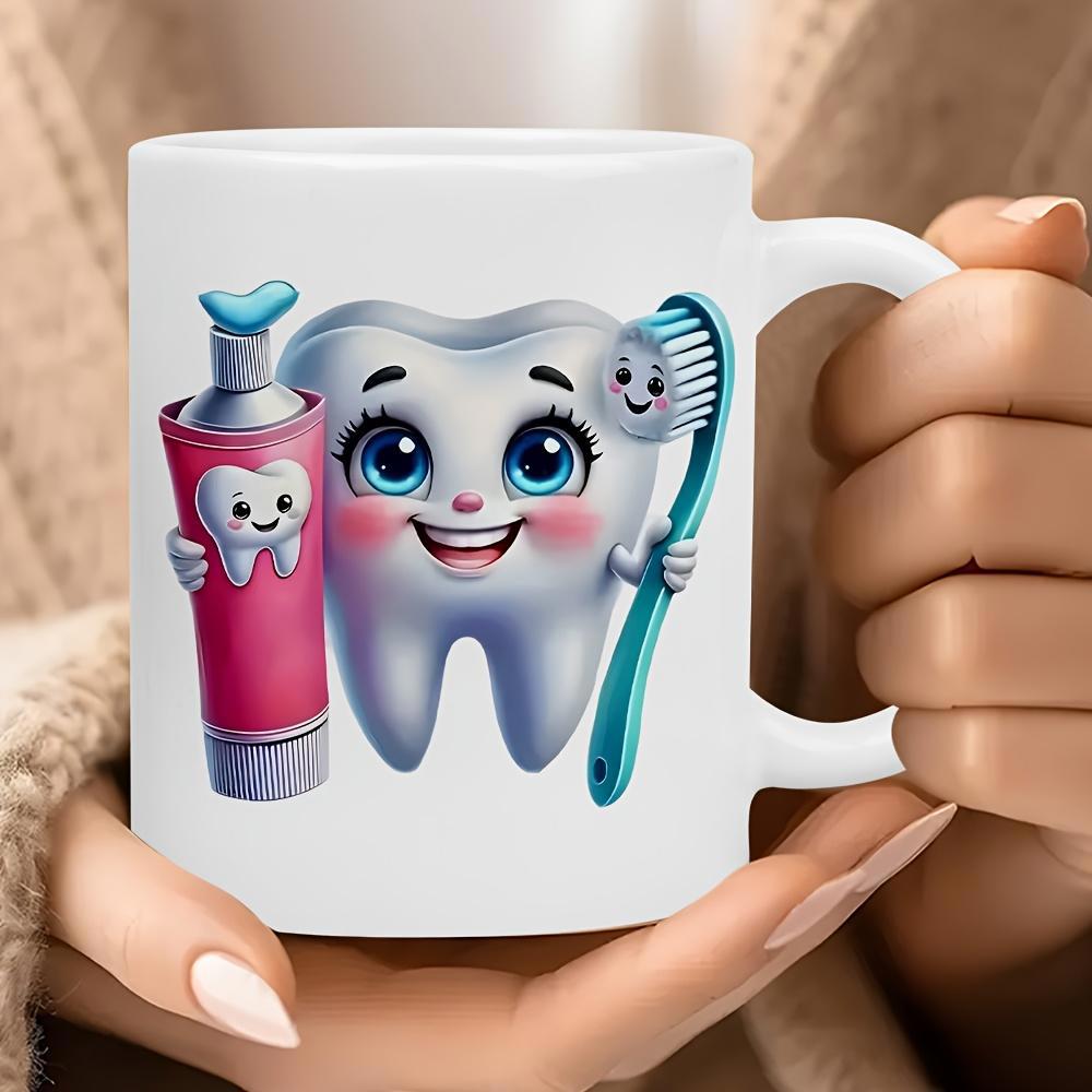 Tailorly White Ceramic 11 oz Mug - Cute Smiling Characters Featuring Pink Paste And Little Blue Bristle Tooth