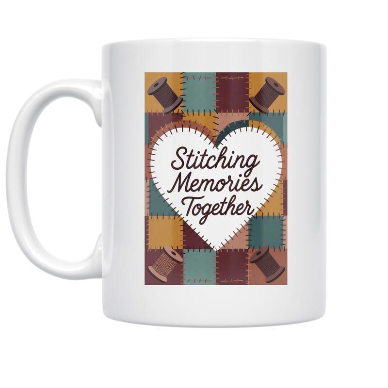 Tailorly White Ceramic 11 oz Mug - Stitching Memories Together Colorful Patchwork Quilt Pattern With Spools Of Thread Surrounding A Central Heart
