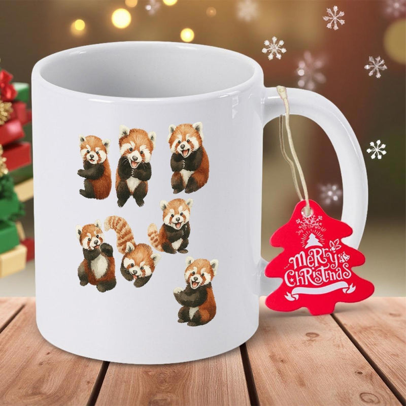 Tailorly White Ceramic 11 oz Mug - Merry Christmas Adorable Hand Painted Illustrations Of Playful Red Pandas In Various Poses Red Panda