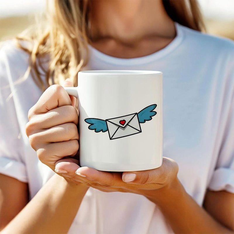 Tailorly White Ceramic 11 oz Mug - Flying Mail With Blue Wings And A Small Red Heart Envelope