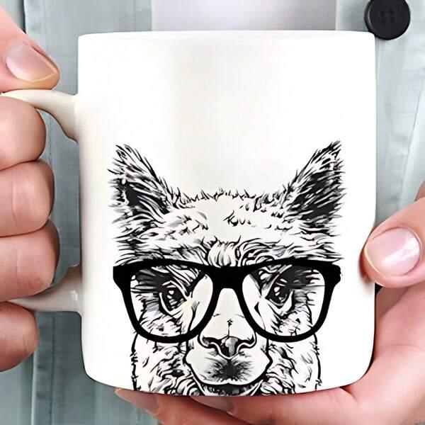 Tailorly White Ceramic 11 oz Mug - Hand Drawn Sketch Style Featuring A Nerd Wearing Black Rimmed Glasses Alpaca
