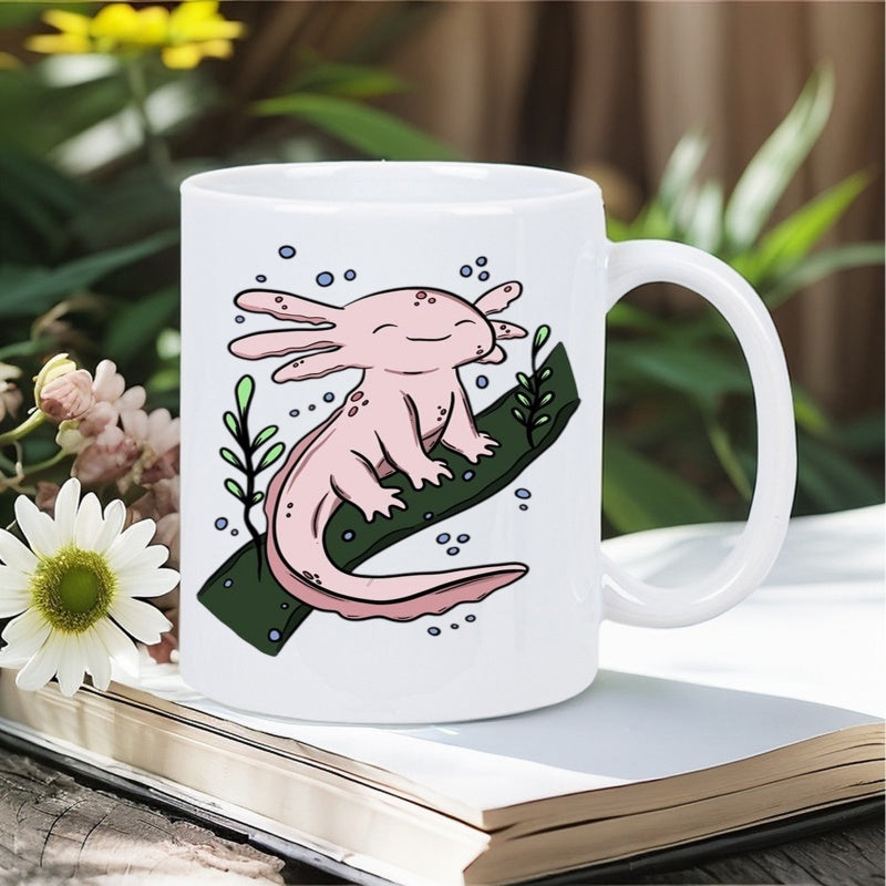 Tailorly White Ceramic 11 oz Mug - Charming Pink Cartoon Character Resting Peacefully On A Mossy Green Branch Axolotl