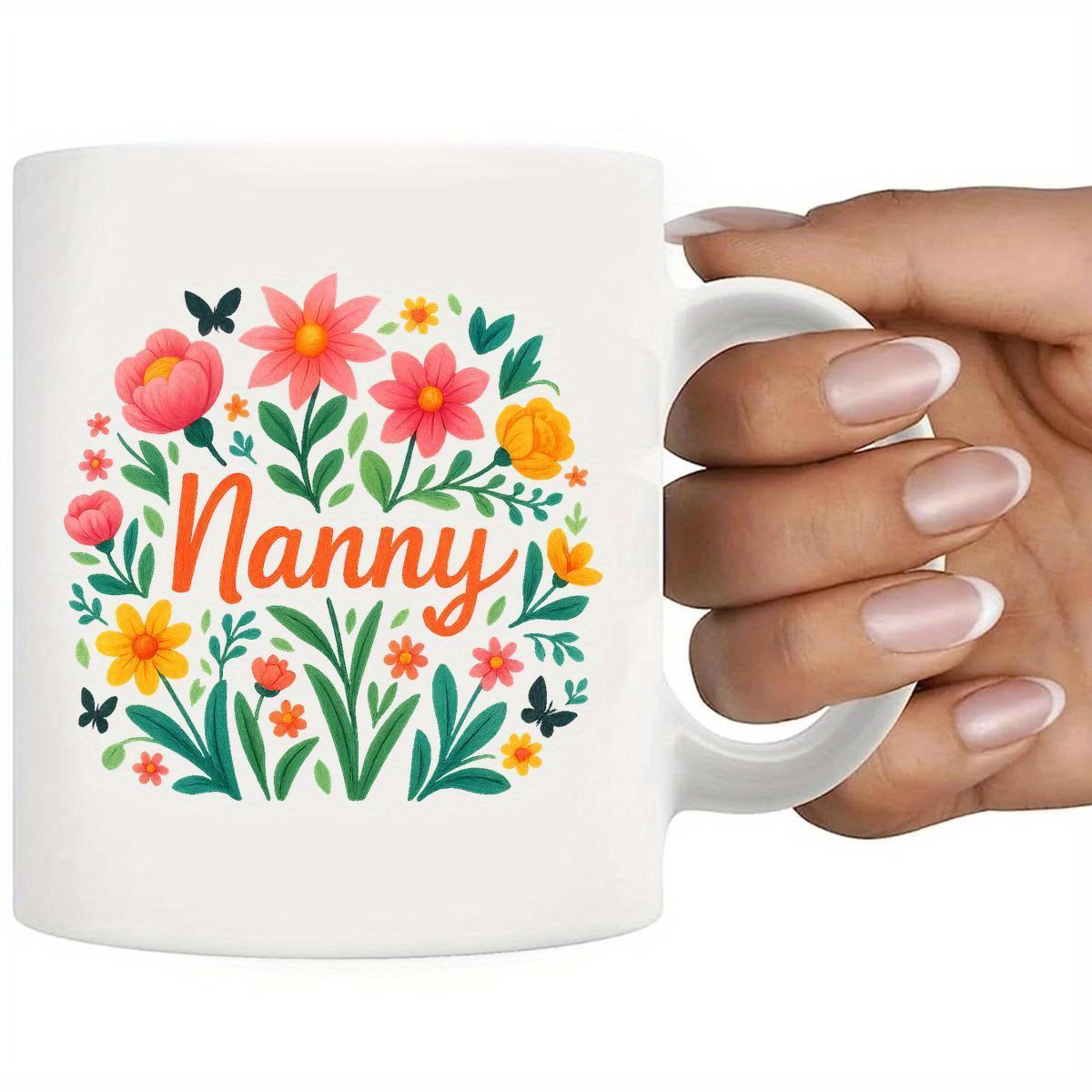 Tailorly White Ceramic 11 oz Mug - Nanny Vibrant Blooming Garden Flowers With Delicate Butterflies Among Green Leaves Flower