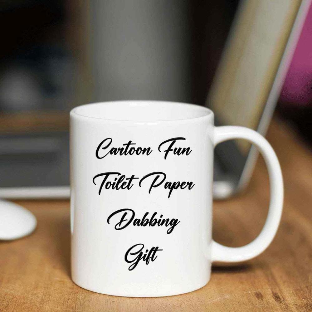 Tailorly White Ceramic 11 oz Mug - Cartoon Fun Toilet Paper Dabbing Gift Minimalist White Ceramic Vessel Displaying Elegant Black Cursive Script Lettering Mug