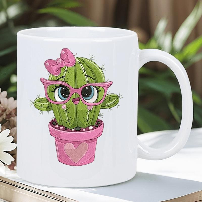 Tailorly White Ceramic 11 oz Mug - Adorable Green Succulent Wearing Pink Glasses And Heart Pot Cactus