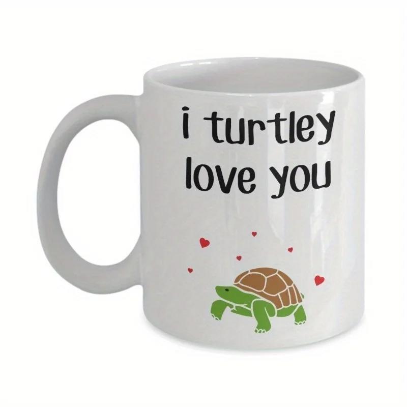 Tailorly White Ceramic 11 oz Mug - I Turtley Love You Charming Little Green Cartoon Creature With Brown Shell And Hearts Turtle