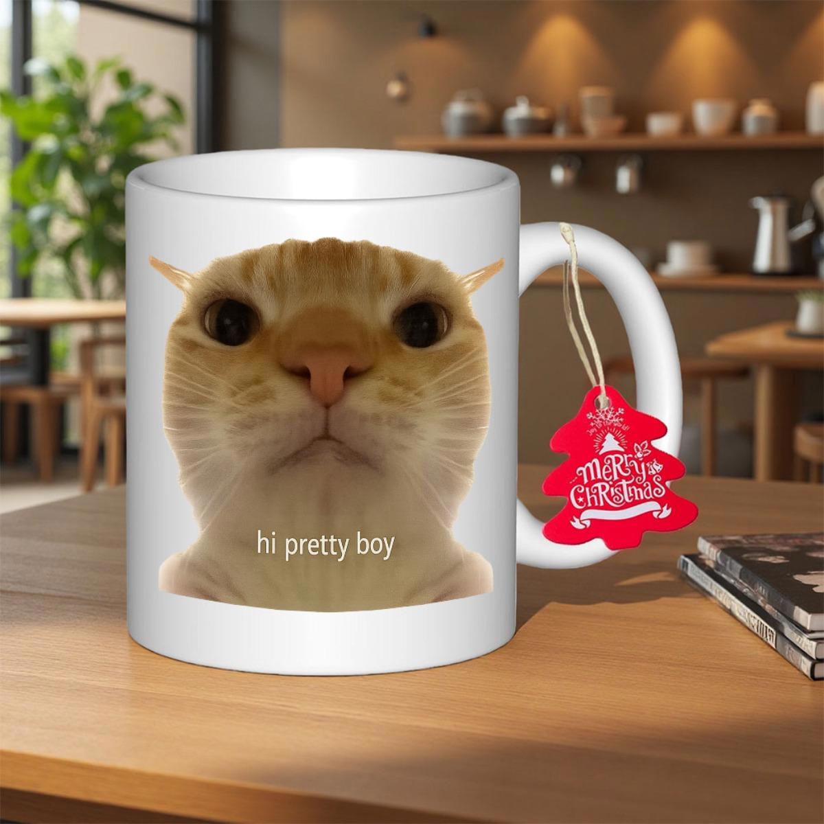 Tailorly White Ceramic 11 oz Mug - Hi Pretty Boy Close Up Fisheye Lens View Of A Staring Orange Tabby Cat