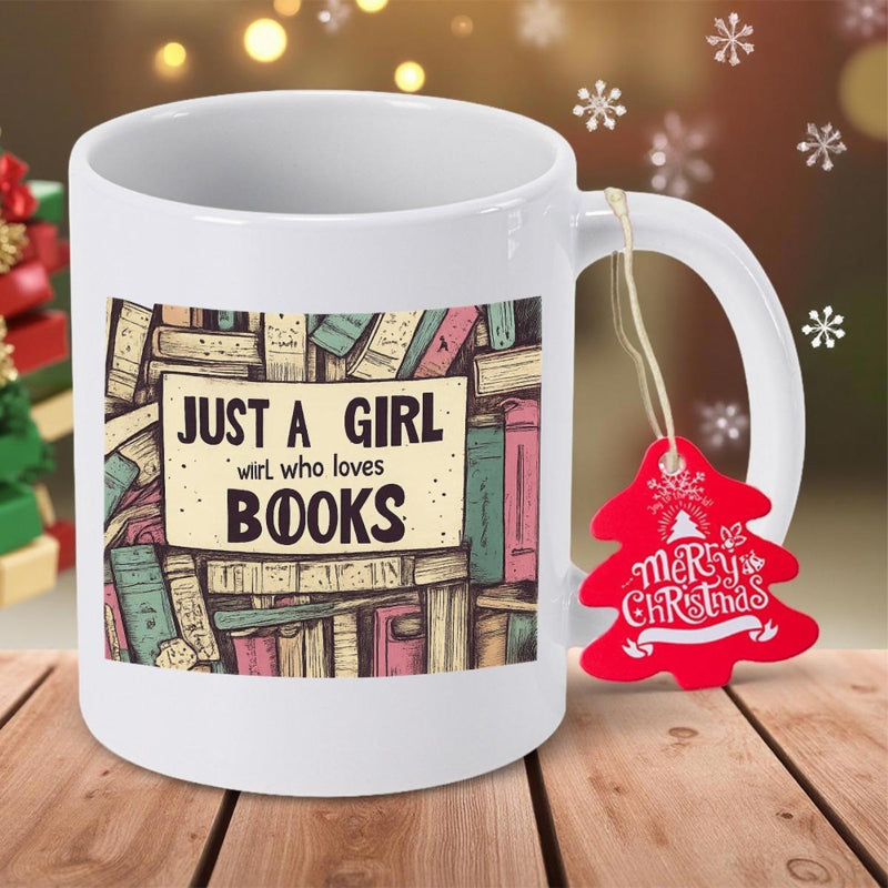 Tailorly White Ceramic 11 oz Mug - Just A Girl Who Loves Books Stacked Vintage Hardcover Novels Within A Rustic Library Setting Book