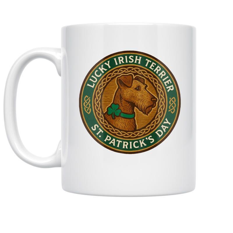 Tailorly White Ceramic 11 oz Mug - Lucky Irish Terrier St Patricks Day Proud Profile Of Brown Dog Head Inside Celtic Pattern Circle Terrier