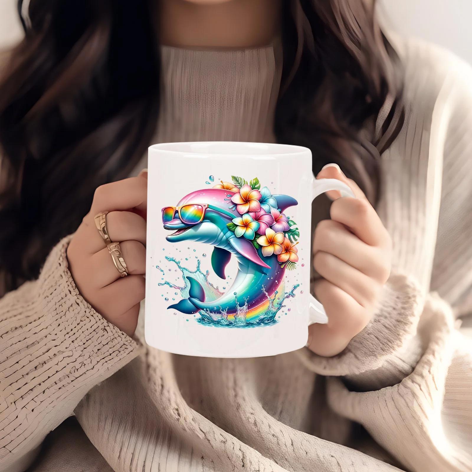 Tailorly White Ceramic 11 oz Mug - Vibrant Jumping Aquatic Animal Wearing Colorful Sunglasses And Tropical Flowers Dolphin