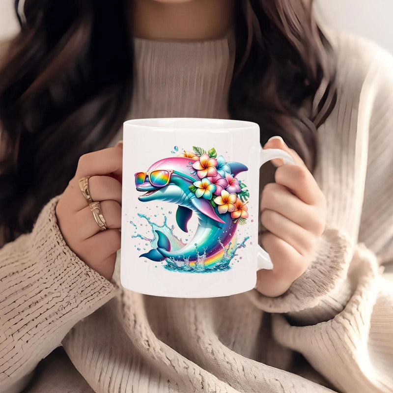 Tailorly White Ceramic 11 oz Mug - Vibrant Jumping Aquatic Animal Wearing Colorful Sunglasses And Tropical Flowers Dolphin