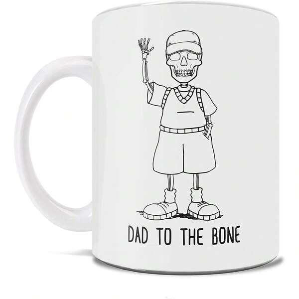 Tailorly White Ceramic 11 oz Mug - Dad To The Bone Whimsical Cartoon Figure Wearing A Hat And Glasses Waving Friendly Skeleton
