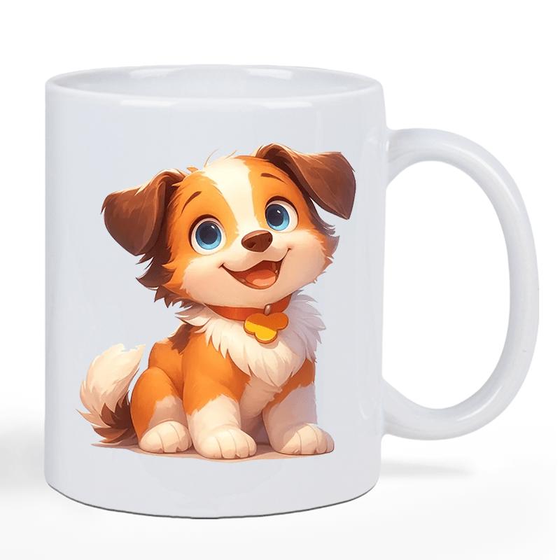 Tailorly White Ceramic 11 oz Mug - Cheerful Brown And White Cartoon Character With Heart Shaped Collar Puppy