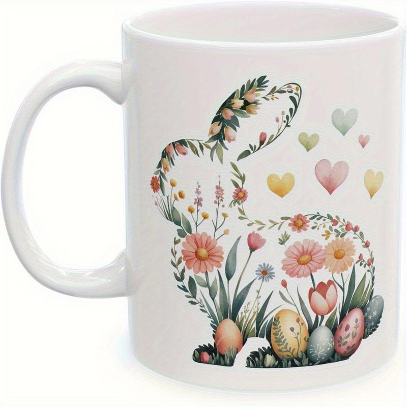 Tailorly White Ceramic 11 oz Mug - Floral Silhouette Featuring Colorful Easter Eggs And Delicate Hearts Springtime Bunny