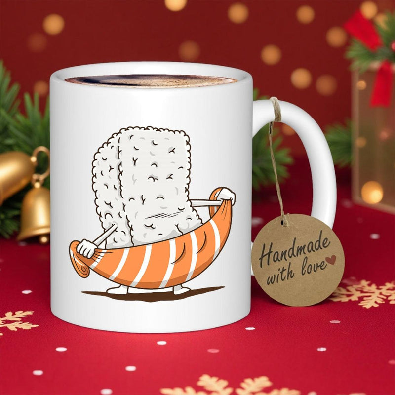 Tailorly White Ceramic 11 oz Mug - Handmade With Love Playful Cartoon Rice Character Holding A Vibrant Striped Salmon Fish Slice Sushi