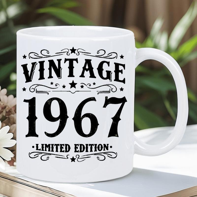 Tailorly White Ceramic 11 oz Mug - Vintage 1967 Limited Edition Distressed Bold Typography Featuring Elegant Swirls And Decorative Stars Mug