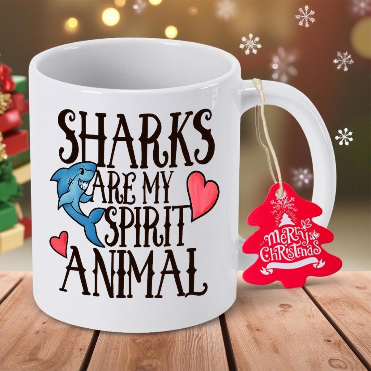 Tailorly White Ceramic 11 oz Mug - Sharks Are My Spirit Animal Adorable Little Blue Shark Dancing Among Bright Red Decorative Hearts Shark