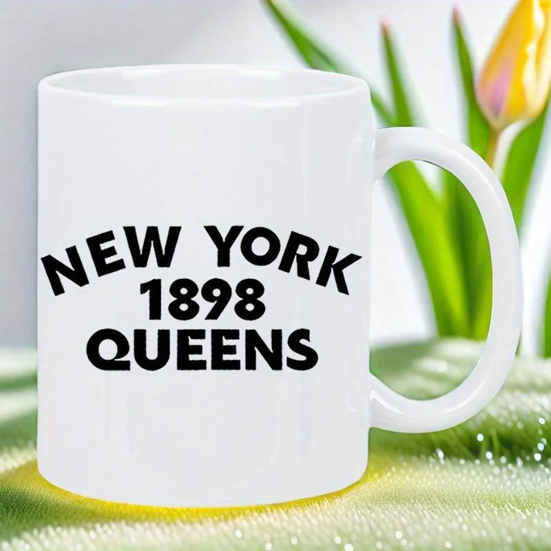 Tailorly White Ceramic 11 oz Mug - New York 1898 Queens Bold Black Lettering In Curved Arched Typographic Minimalist Design Text