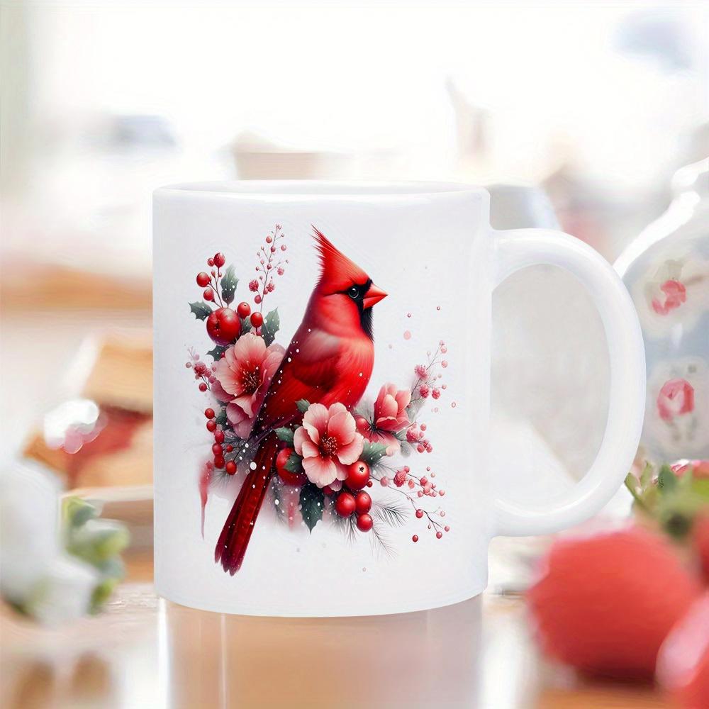 Tailorly White Ceramic 11 oz Mug - Vibrant Red Bird Perched Among Delicate Pink Flowers And Winter Berries Cardinal