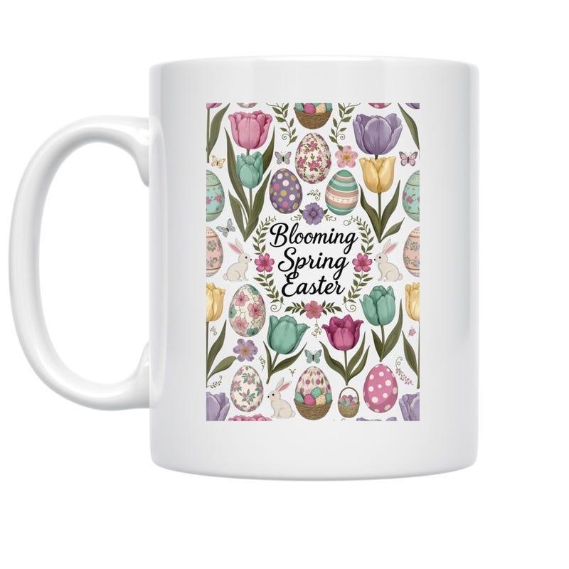 Tailorly White Ceramic 11 oz Mug - Blooming Spring Easter Colorful Hand Painted Tulips And Patterned Eggs Within A Floral Wreath Tulip