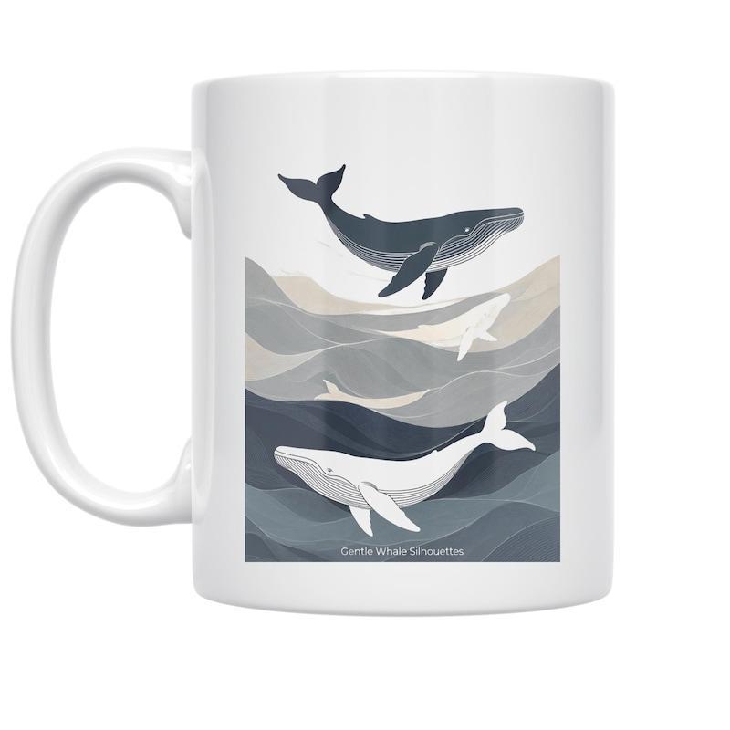 Tailorly White Ceramic 11 oz Mug - Love Your Ocean Majestic Whales Gliding Through Abstract Artistic Waves In Deep Blue Water Whale