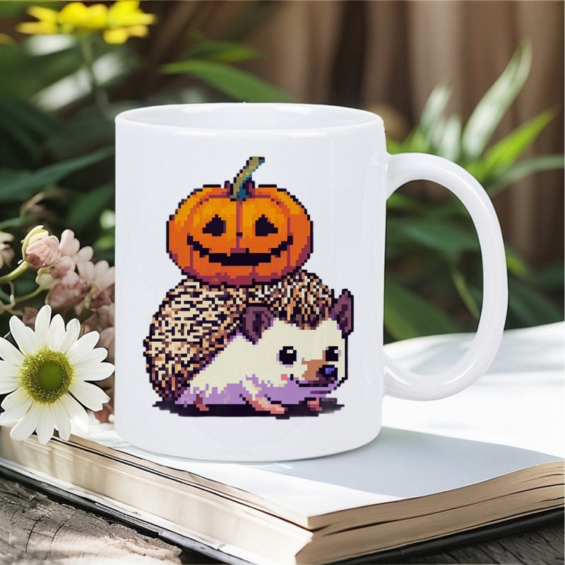 Tailorly White Ceramic 11 oz Mug - Adorable Pixel Art Creature Carrying A Festive Carved Orange Halloween Pumpkin Hedgehog
