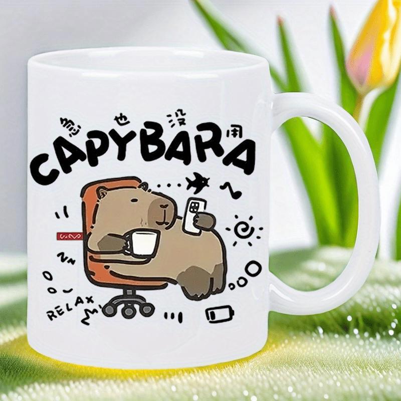 Tailorly White Ceramic 11 oz Mug - Capybara Relax Funny Cartoon Animal Sitting In Office Chair Holding Coffee Capybara